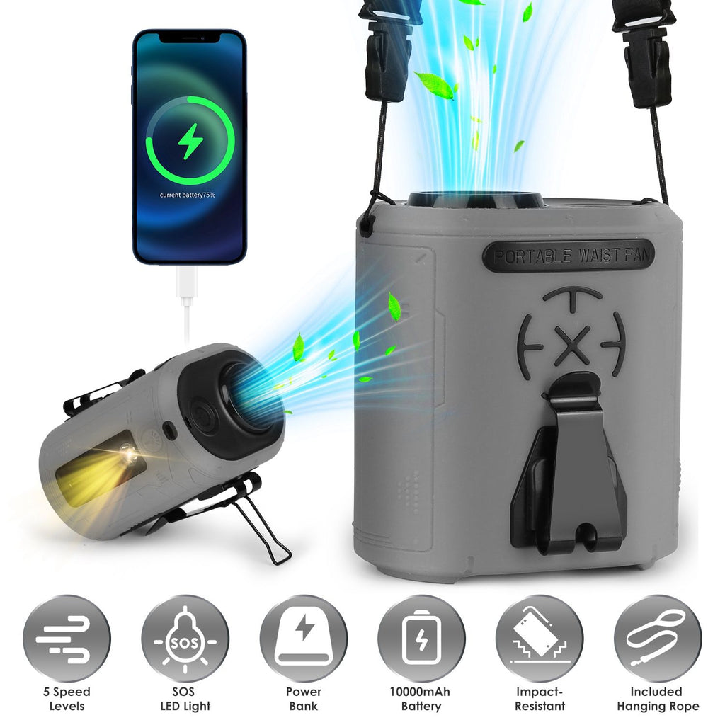 5 In 1 Portable Waist Clip Fan With 5 Speeds Flashlight 10000mAh Battery Operated Personal Wearable Turbo Belt Fan Hands-Free Neck Fan For Camping Travel Job site