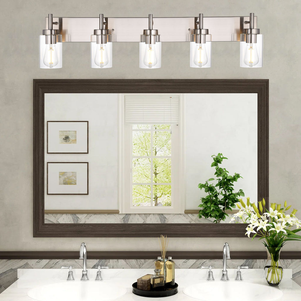 5-Light Bathroom Vanity Light, Modern Matte Black/ Brushed Nickel Wall Sconce Lighting with Clear Glass Shade