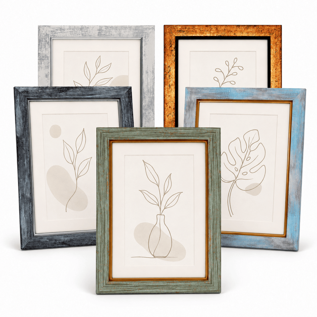 5 Pack Farmhouse Picture Frames 5x7 with 4x6 Mat, Rustic Distressed Wood Style PS Frames, Tempered Glass Front, Tabletop and Wall Mount, Multicolor Set