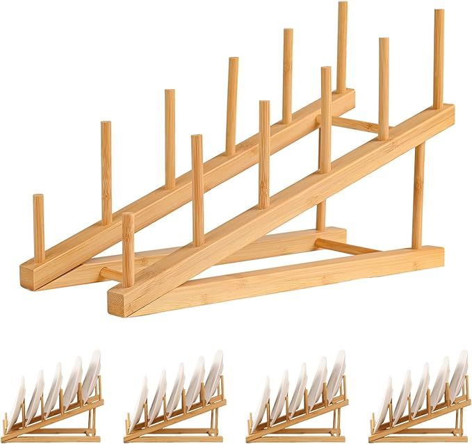 5 Pack Plate Stands for Display Wooden Multi Plate Holder Cabinet Organizer, 5-Tier Craft Show Vendor Counter Display Rack for Tabletop Book, Art Prints, and Platter
