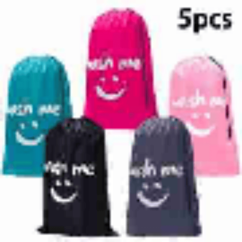 5 Pack Smile Face Drawstring Laundry Bags, Waterproof Dirty Clothes Storage Sacks