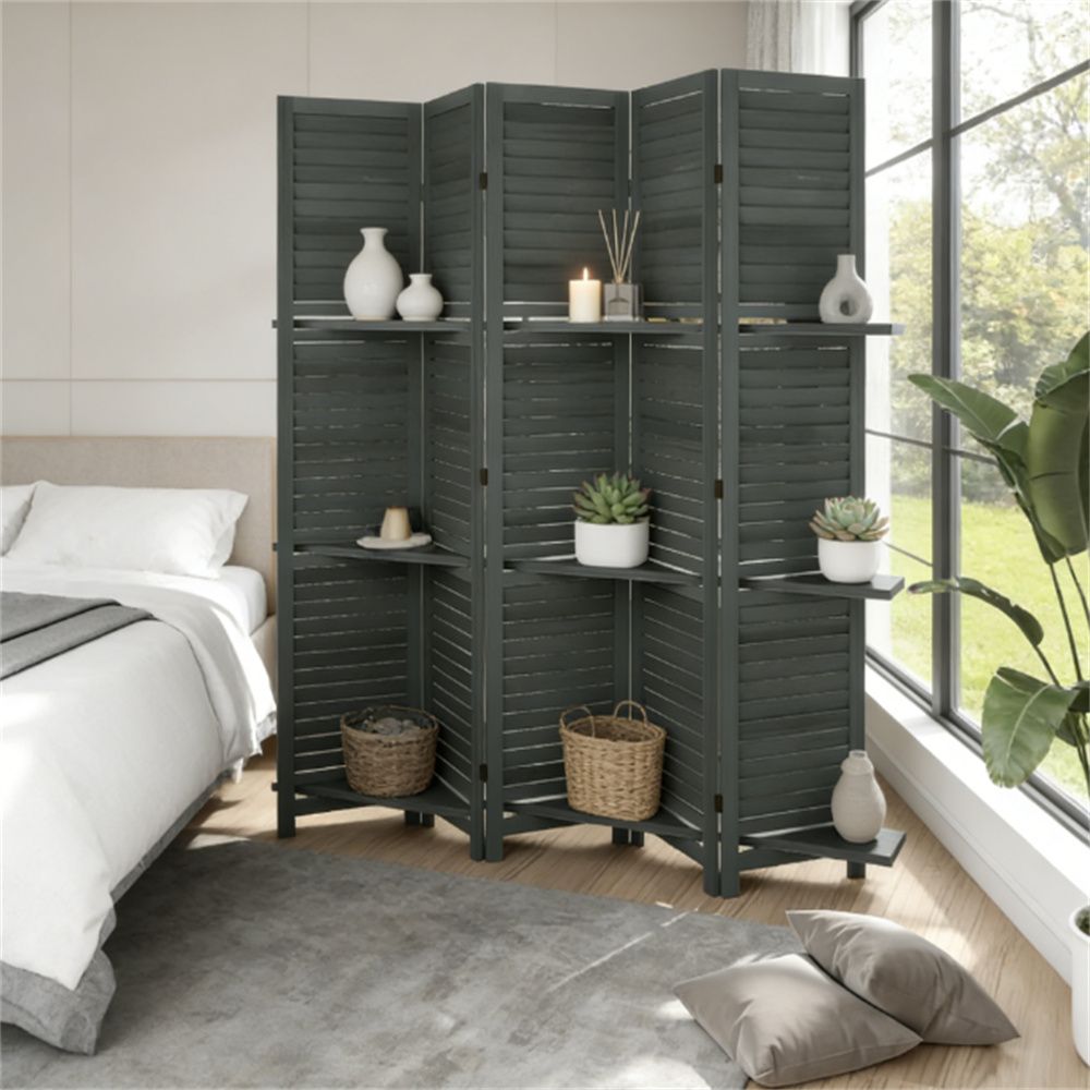 5 panel privacy screen, bedroom divider, with storage rack, gray