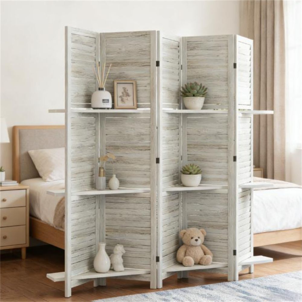 5 panel privacy screen, bedroom divider, with storage rack, white