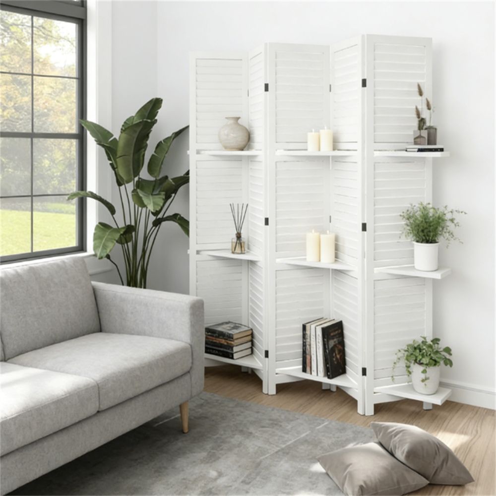 5-panel privacy screen, bedroom partition, with storage rack, white