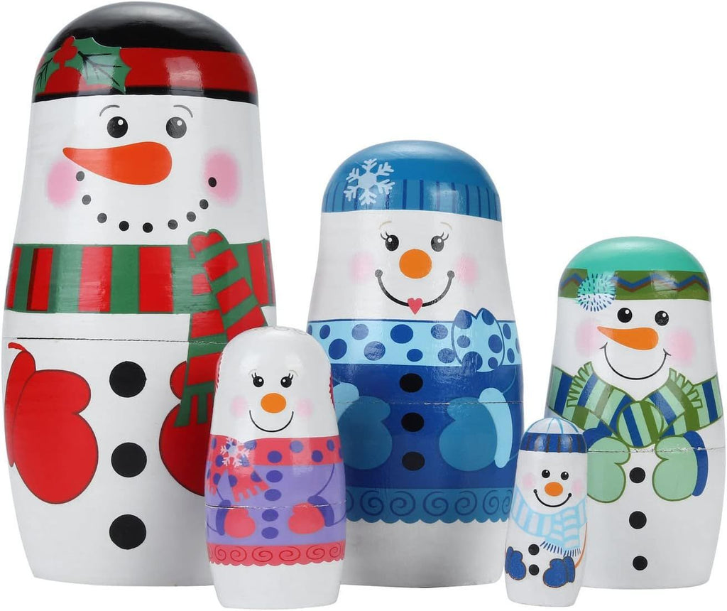 5 Pcs Russian Matryoshka Dolls Handmade Wooden Snowman Nesting Dolls Set for Christmas Birthday Gift (Snowman)
