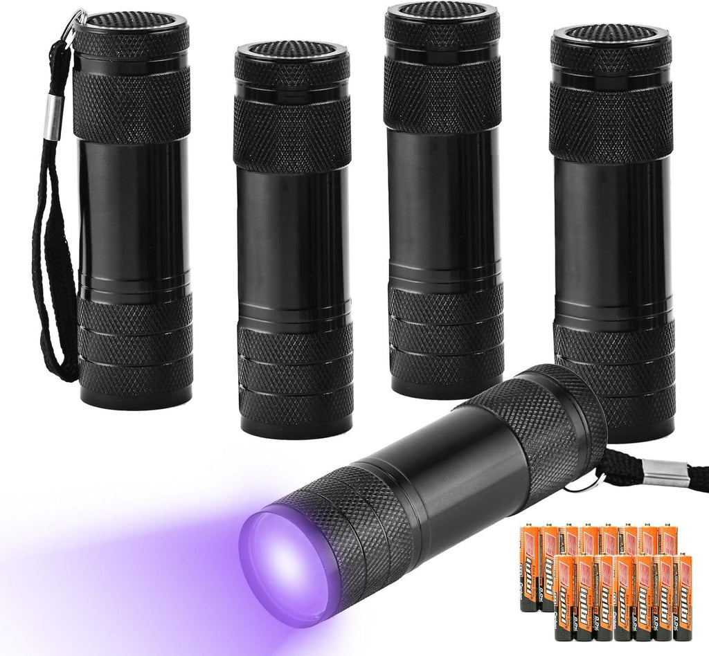 5 Pcs UV Black Light Flashlights Bulk, 9 Led 395-400nm Mini Blacklight Handheld Portable Torch Pet Urine Detector for Bed Bug, Hair, Dog Cat Urine and Stains Batteries Included