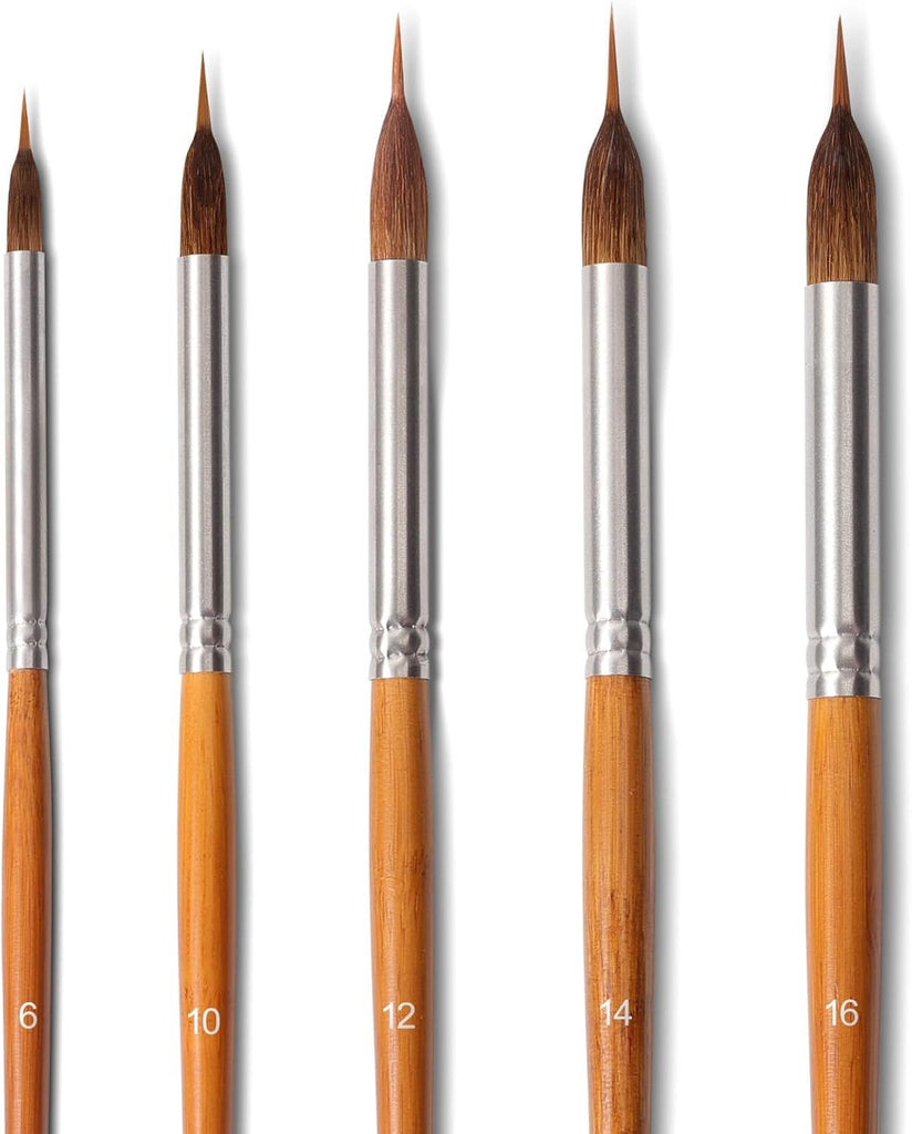 5 PCS Watercolor Brushes for Detail Painting, Natural & Mink Hair Blend, Round Pointed Tips, Birch Wood Handle (#6/10/12/14/16)