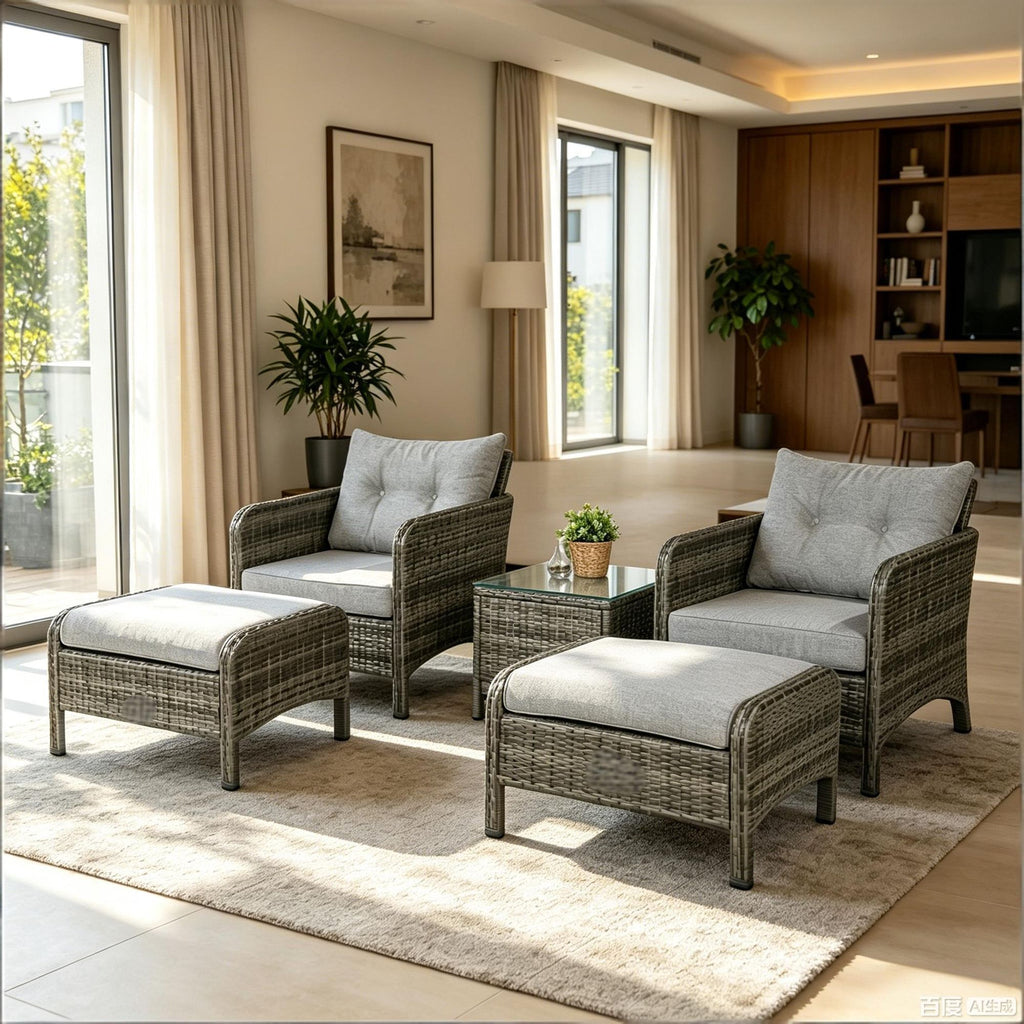 5-Piece Rattan Wicker Outdoor Patio Conversation Set Gray/Light Gray with Cushioned Chairs Ottomans And Tempered Glass Coffee Table