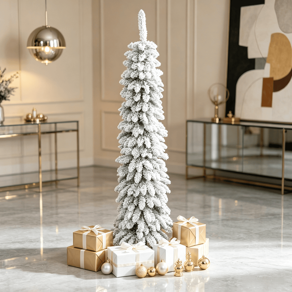 5' Tall Slim Pencil Artificial Christmas Tree Snow-Flocked with Realistic Branches 301 Tips Unlit Green Xmas Decor