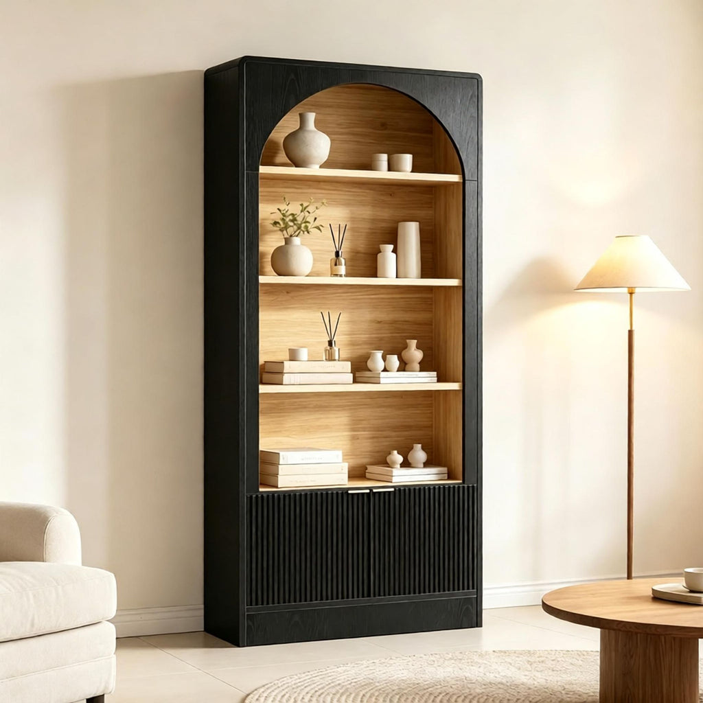 5-Tier Arched Bookcase 71 Inch Tall with Storage Cabinet And Fluted Doors Bookshelf for Living Room Bedroom Home Office