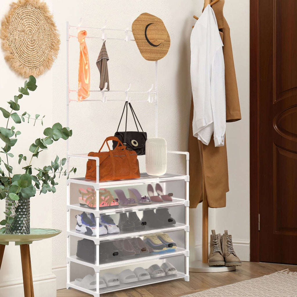 5-Tier Coat Rack Dustproof Entryway Hall Tree Clothing Shelf Shoe Rack With 8 Removable Hooks Freestanding Hat Clothes Organizer for Front Door Bedroom Entryway
