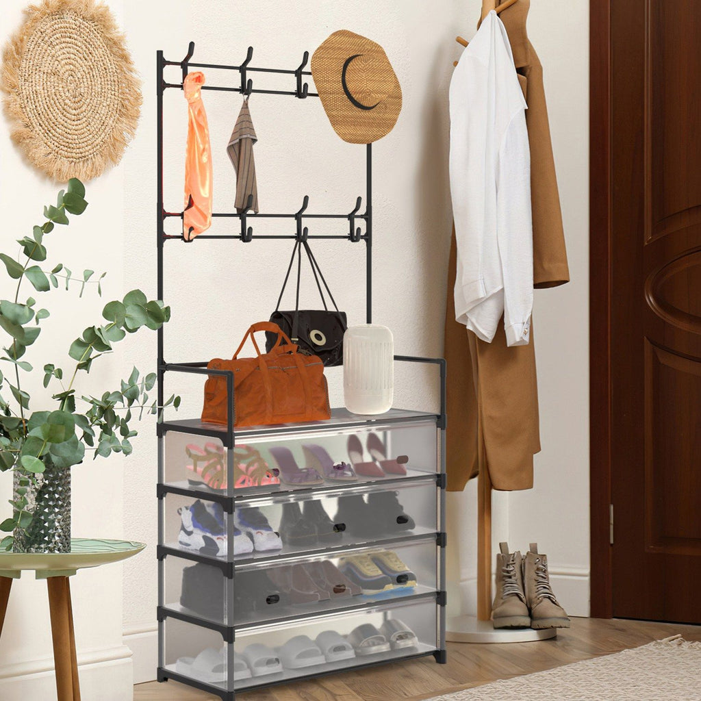 5-Tier Coat Rack Dustproof Entryway Hall Tree Clothing Shelf Shoe Rack With 8 Removable Hooks Freestanding Hat Clothes Organizer for Front Door Bedroom Entryway