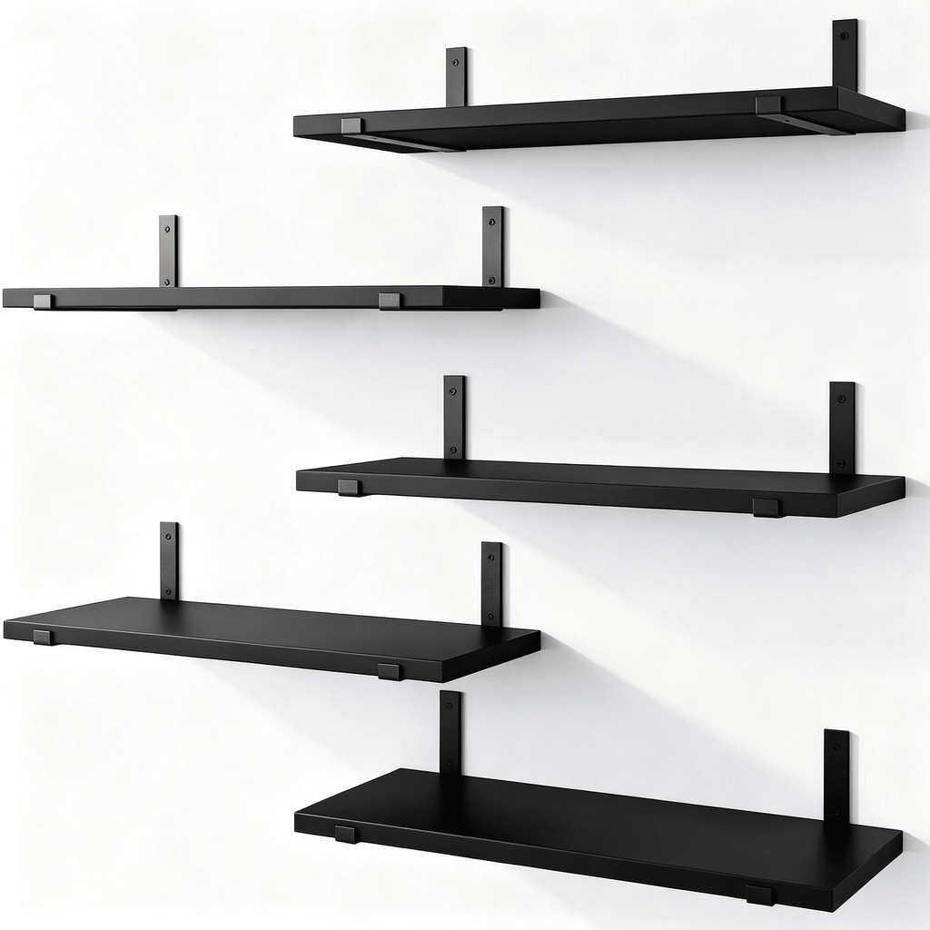 5-Tier Floating Shelves Wall Mounted, Black Wood Wall Shelves Set of 5 Same Size, Rustic Storage Shelf with Metal Brackets for Bedroom, Living Room, Bathroom, Kitchen, Holds up to 43lbs Each