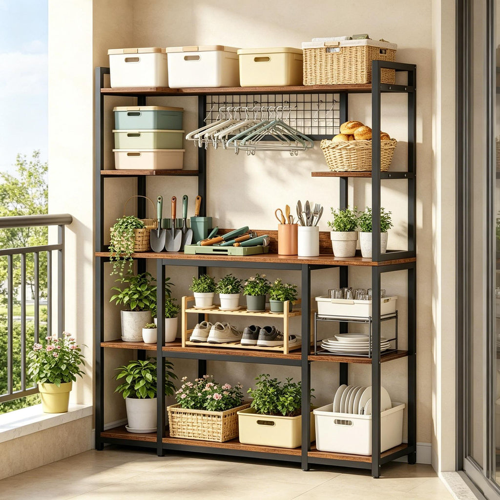 5-Tier Kitchen Baker's Rack 55 Inch Wide Storage Shelf with 11 Hooks for Pantry Organization Metal Baking Rack Shelf