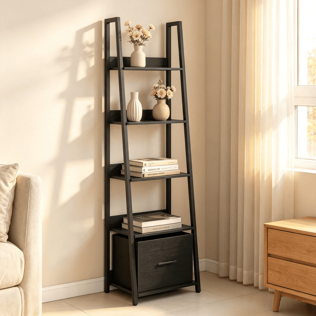 5-Tier Ladder Bookshelf Fabric Drawer Living Room Home Office Organizer Shelves Metal Frame Bookcase with Drawers