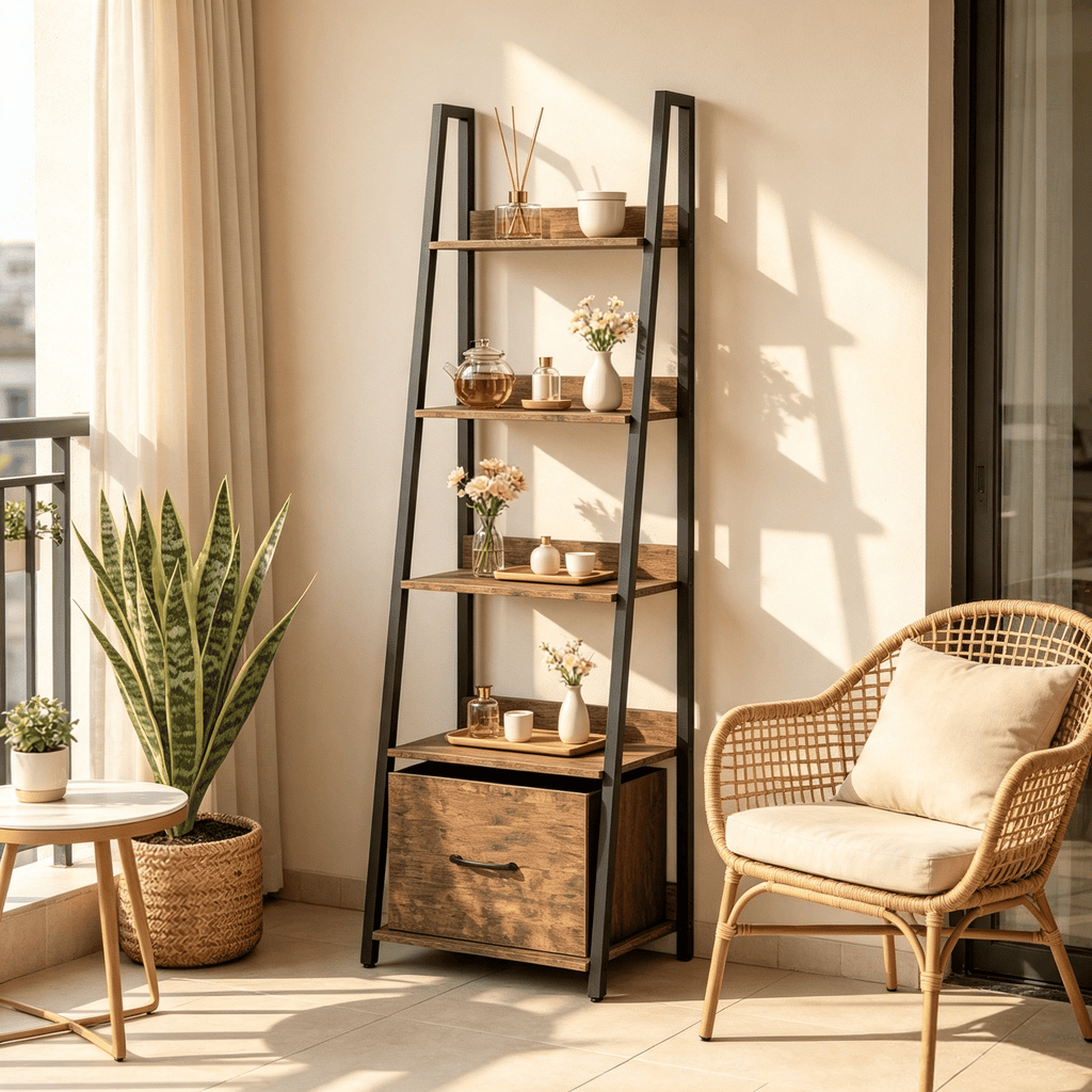 5-Tier Ladder Bookshelf Fabric Drawer Living Room Home Office Organizer Shelves Metal Frame Bookcase with Drawers