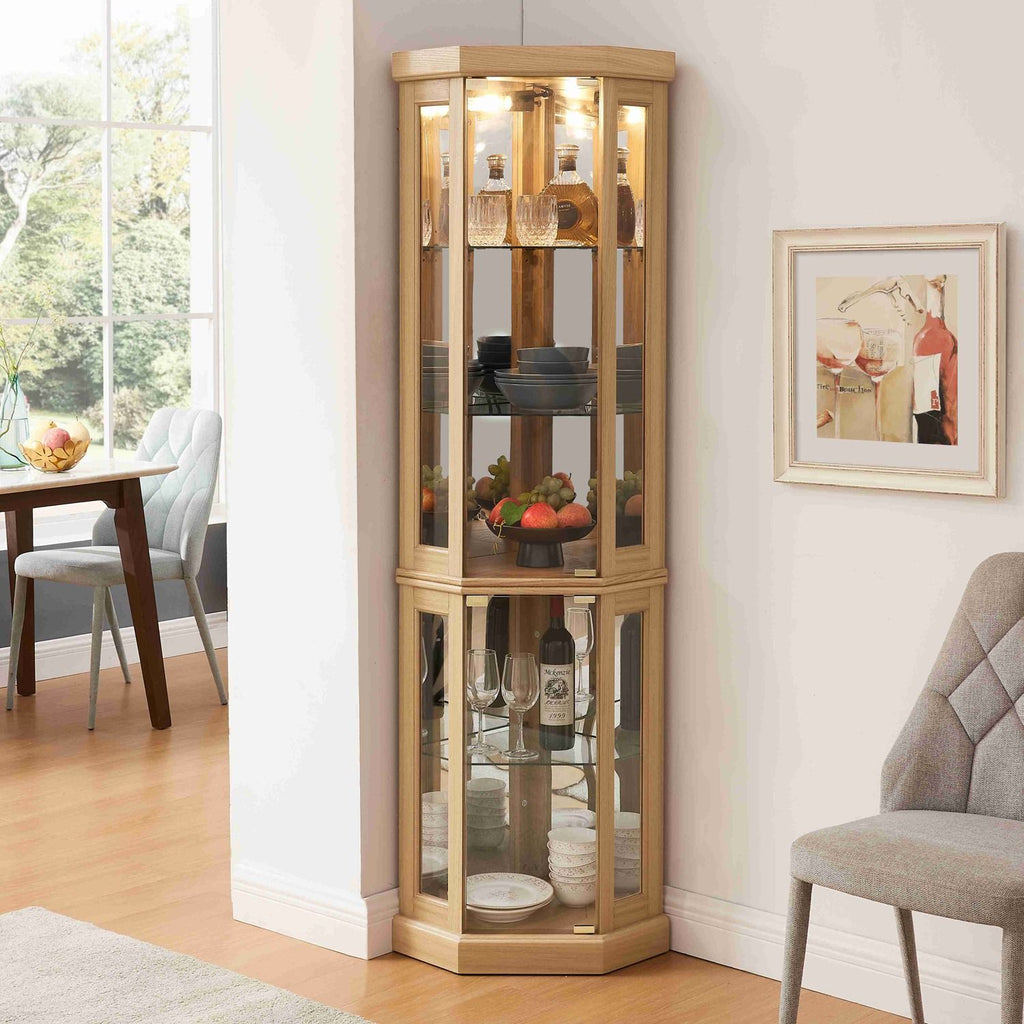 5-Tier Lighted Corner Curio Display Cabinet Adjustable Glass Display Case with Light Bulb Anti-Tipping Hardware for Collectibles, Wine & Decor