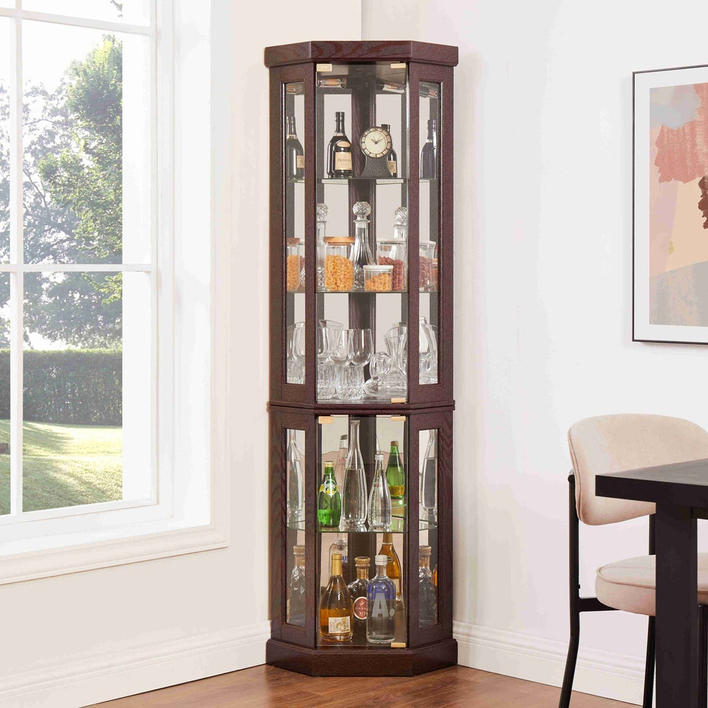 5-Tier Lighted Corner Curio Display Cabinet Adjustable Glass Display Case with Light Bulb Anti-Tipping Hardware for Collectibles, Wine & Decor