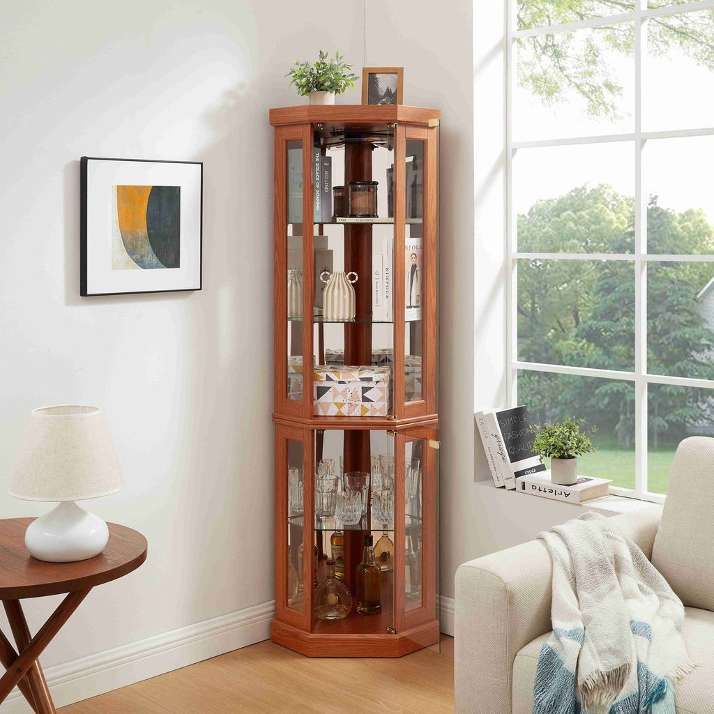 5-Tier Lighted Corner Curio Display Cabinet Adjustable Glass Display Case with Light Bulb Anti-Tipping Hardware for Collectibles, Wine & Decor