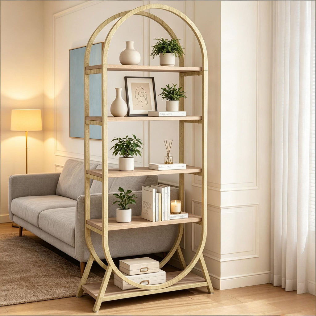 5-Tier Open Bookcase Arched Display Rack 70.8 Inch Wood Bookshelf Home Office Decorative Storage Organizer
