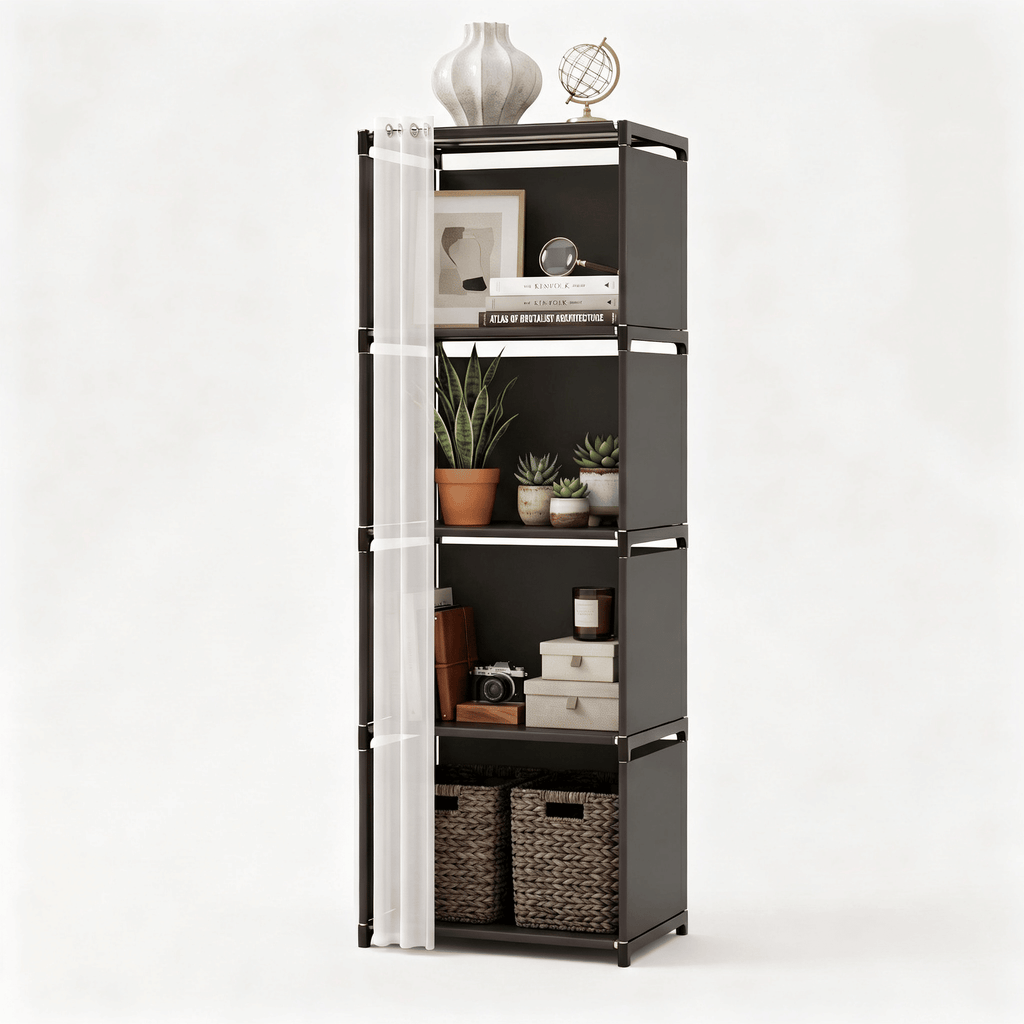 5 Tier Storage Cabinet Closet with Curtain, Silver Metal Pipe Shelf Rack with Black Fabric Panels and PEVA Curtain, Freestanding Storage Organizer for Bedroom, Closet, Living Room