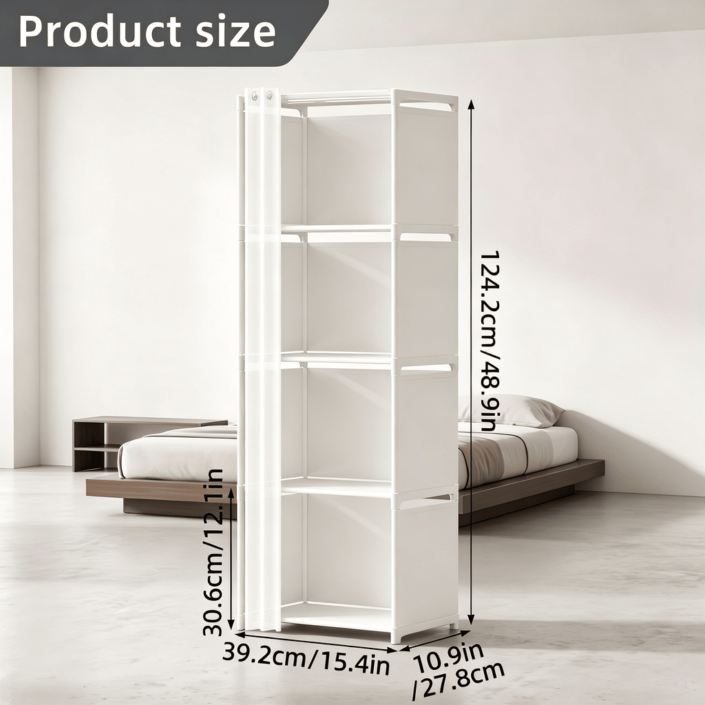 5 Tier Storage Cabinet Closet with Curtain, Silver Metal Pipe Shelf Rack with White Fabric Panels and PEVA Curtain, Freestanding Storage Organizer for Bedroom, Closet, Living Room