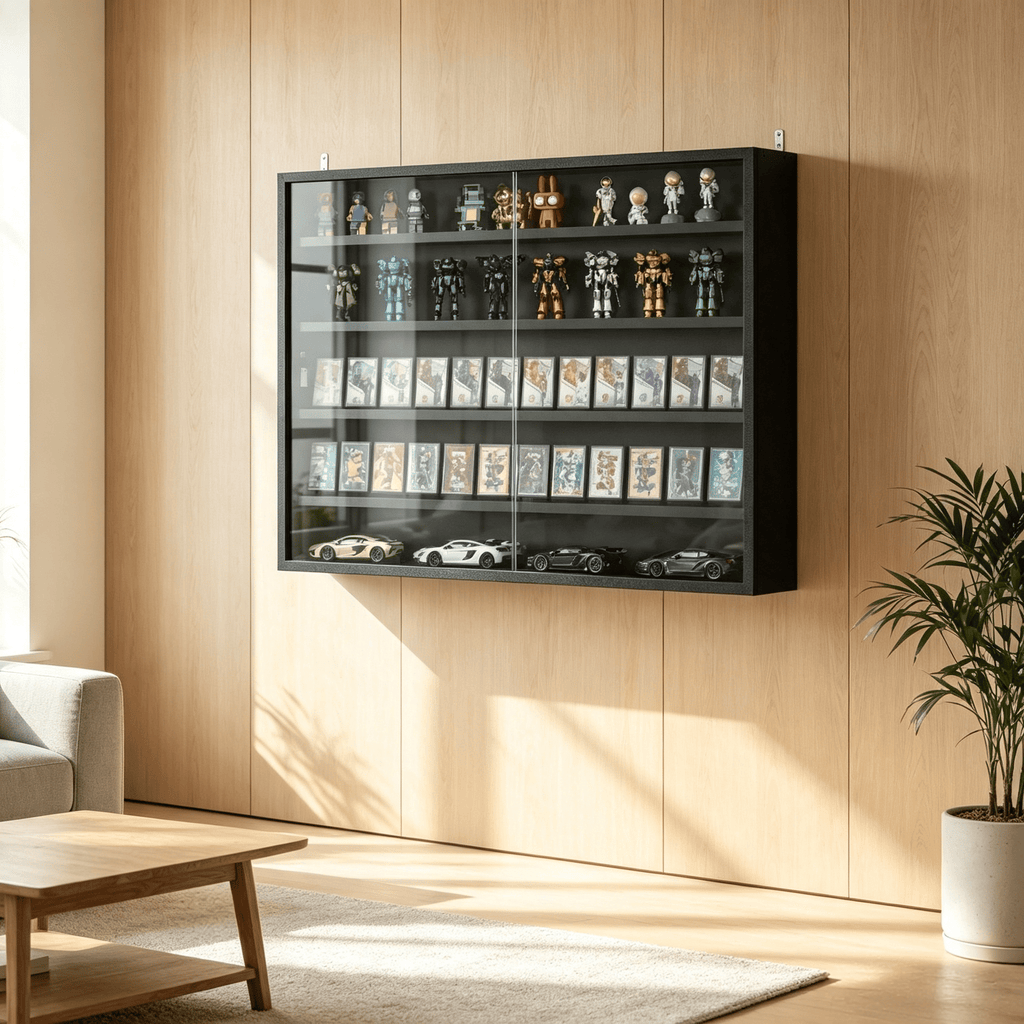 5-Tier Wall-Mounted Display Cabinet Jet Black with 2 Glass Doors And Adjustable Shelves for Home Organization And Decor