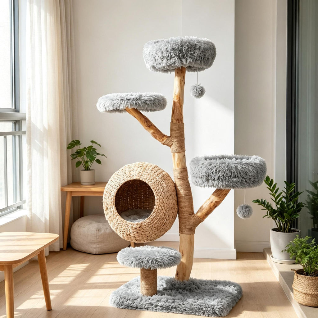 5-Tier Wooden Cat Tree Condo with Plush Perches Jute Posts And Balls Woven Design for Cats Furniture