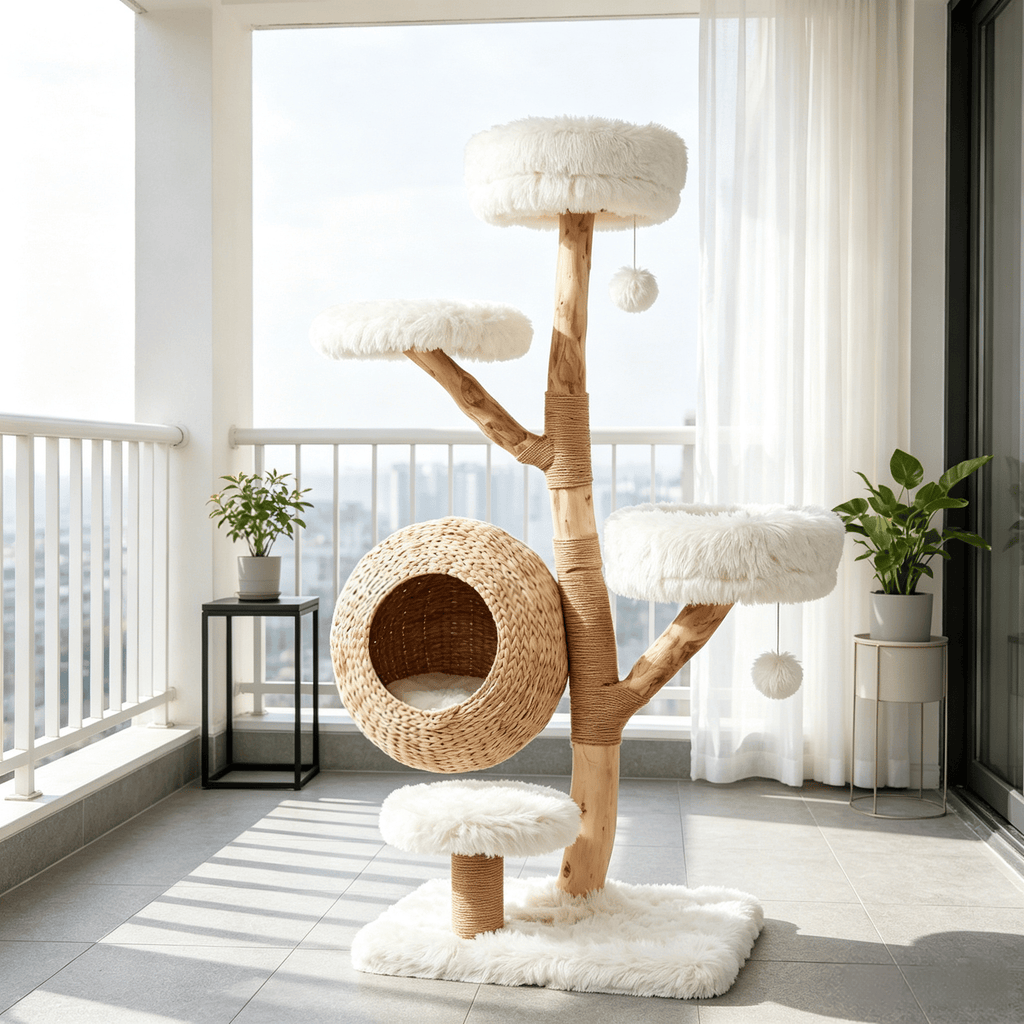 5-Tier Wooden Cat Tree Condo with Plush Perches Jute Posts And Balls Woven Design for Cats Furniture