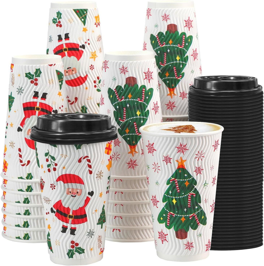 50 Pack - 16 oz Christmas Coffee Cups with Lids, Insulated Disposable To Go Paper Coffee Cups, Corrugated Ripple Wall Cup for Hot Drink