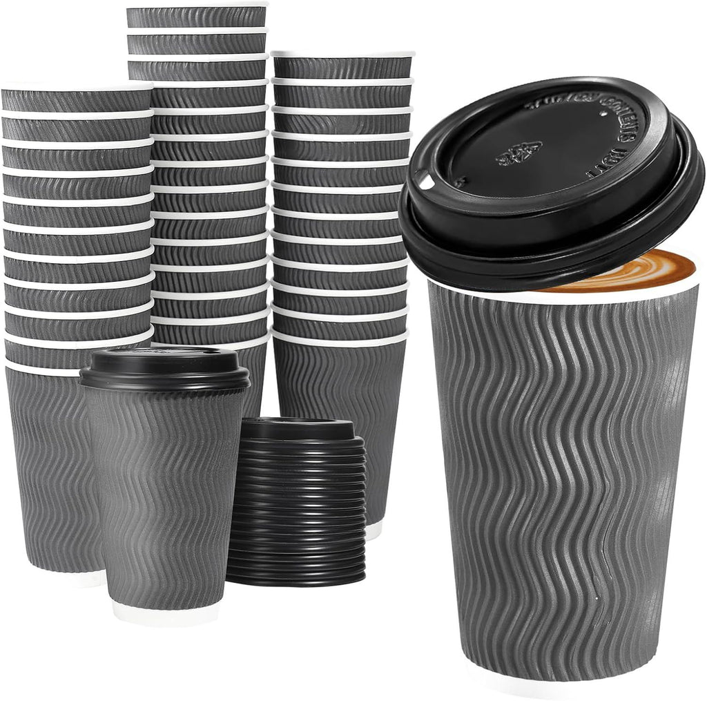 50 Pack - 16 oz Insulated Disposable Coffee Cups with Lids, To Go Paper Coffee Cups with Lids, Corrugated Ripple Wall Cup for Hot Drink, Office, Coffee Bar