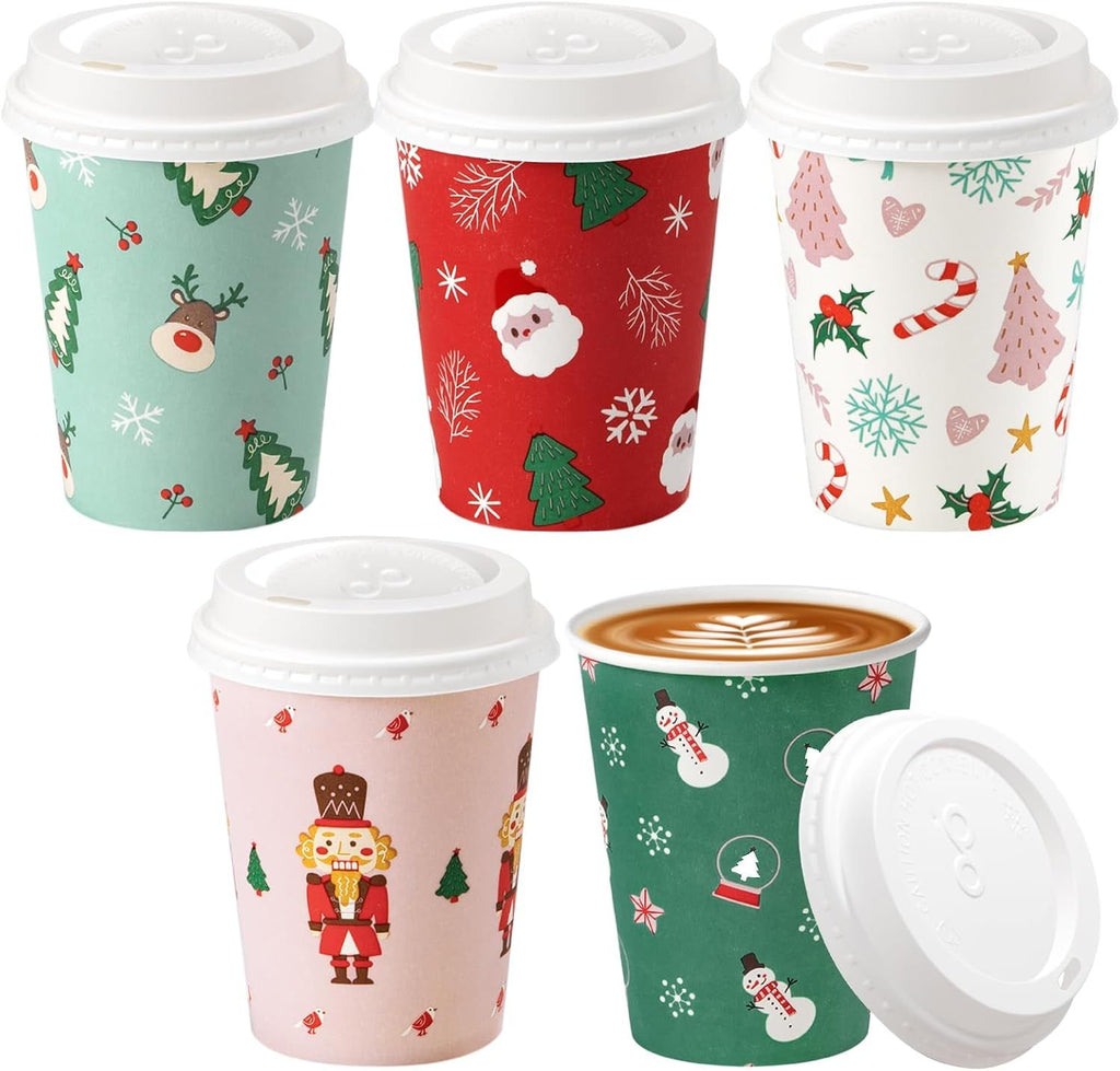 50 Pack 12 oz Christmas Disposable Coffee Cups with Lids, Premium Paper To Go Paper Cups, Leak Proof Hot Coffee Cups for Travel, Office, Hot/Cold Beverages (White Lids)