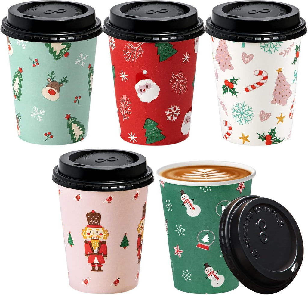 50 Pack 12 oz Christmas Disposable Coffee Cups with Lids, Premium To Go Paper Cups, Leak Proof Hot Coffee Cups for Travel, Office, Hot/Cold Beverages (Black Lids