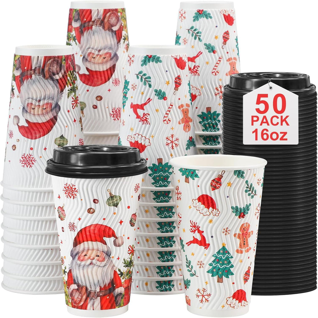 50 Pack 16 OZ Christmas Coffee Cups with Lids, Christmas Insulated To Go Coffee Cups, Hot/Cold Beverages Xmas Winter for Home Office Holiday Party