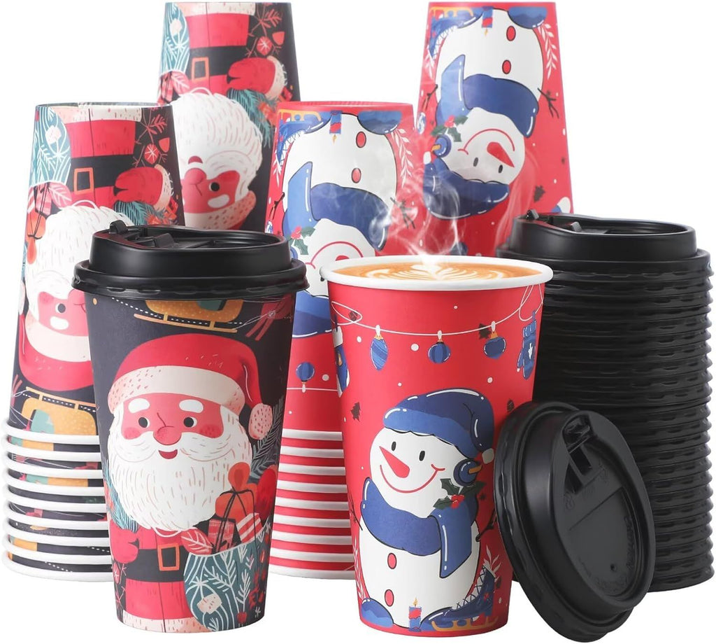 50 Pack 16 oz Christmas Coffee Cups with Lids, Holiday Disposable Paper Cups for Xmas Party Drinks, Hot Cocoa, Hot Chocolate, Cold Beverage