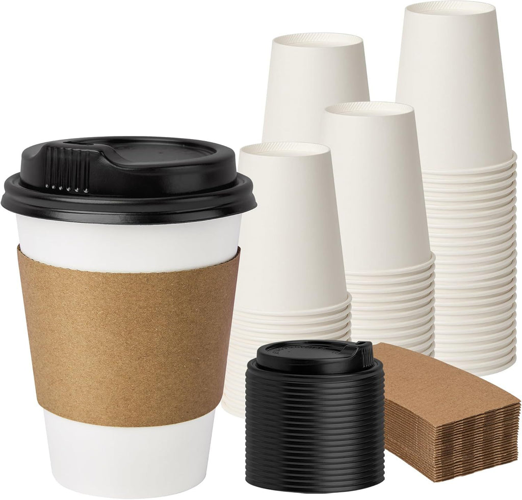 50 Pack Disposable Coffee Cups with Lids and Sleeves, Coffee Paper Cups with Lids, To Go Beverage Drinking Cup for Coffee, Tea