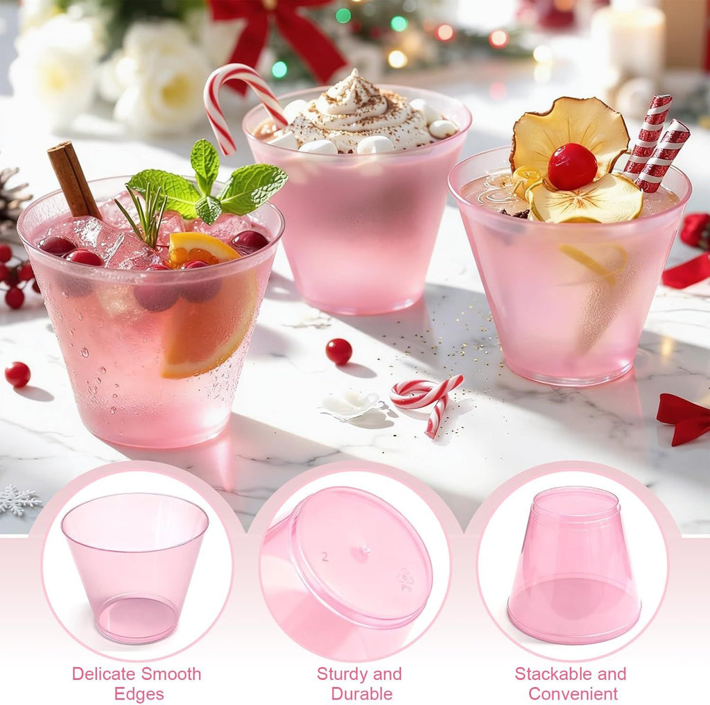 50 Pack Plastic Cups 9 oz Pink Clear Plastic Cups for Cocktail Fancy Disposable Cup for Party Stemless Wine Glasses for Wedding Thanksgiving Christmas Party Graduation