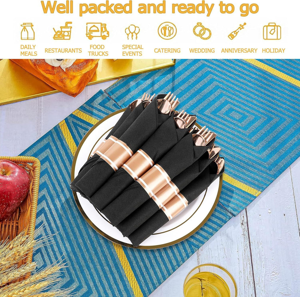 50 Pack Pre Rolled Rose Gold Plastic Silverware Set,Wrapped Plastic Cutlery Set with Napkin Include 50 Forks,50 Spoons,50 Knives and 50 Black Napkins for Party, Wedding