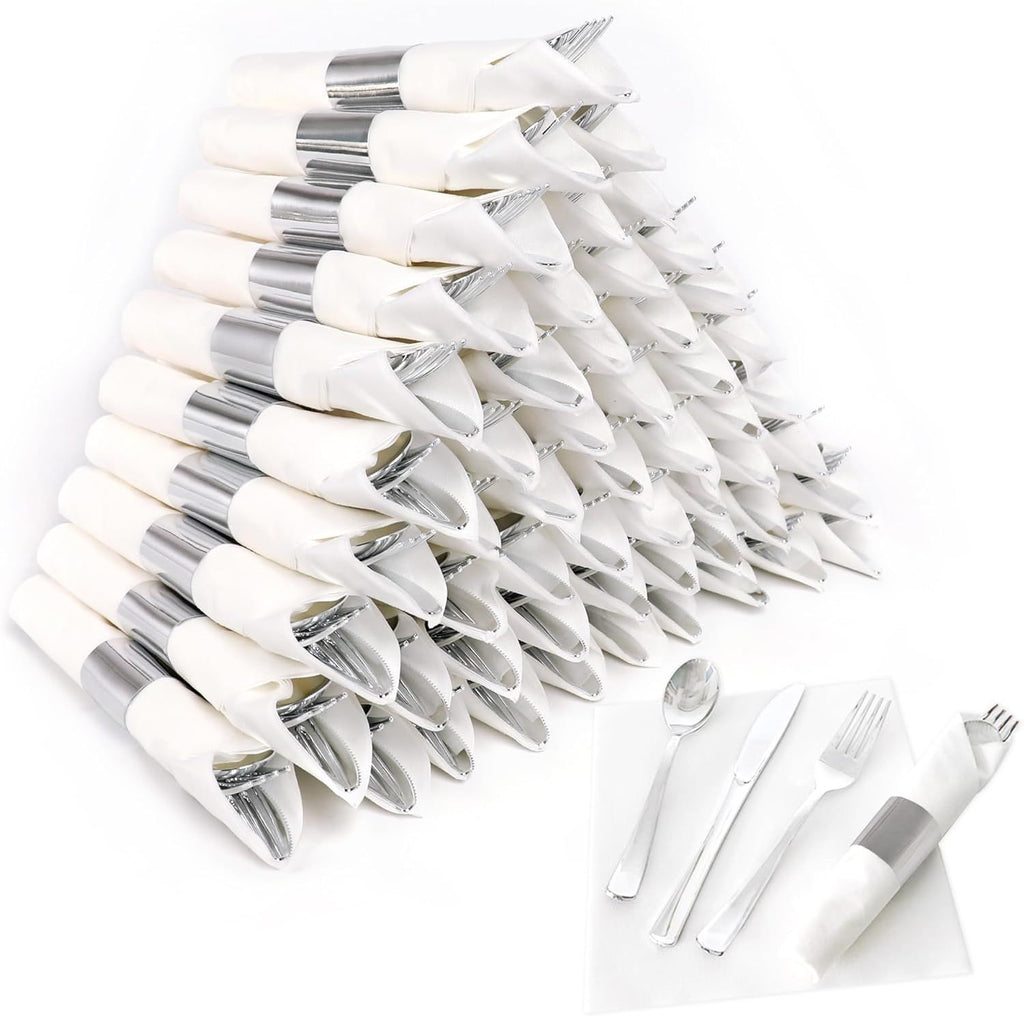 50 Pack Pre Rolled Rose Gold Plastic Silverware Set,Wrapped Plastic Cutlery Set with Napkin Include 50 Forks,50 Spoons,50 Knives and 50 Black Napkins for Party, Wedding