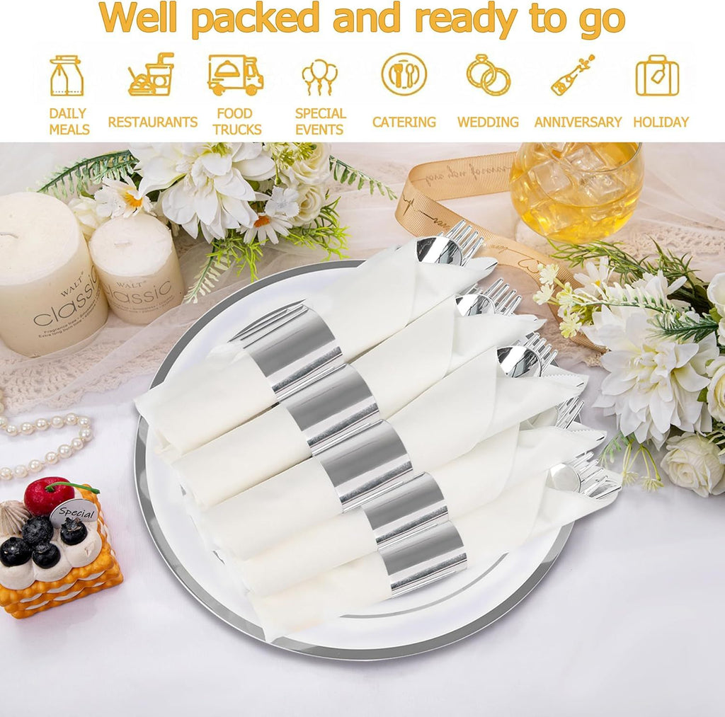 50 Pack Pre Rolled Rose Gold Plastic Silverware Set,Wrapped Plastic Cutlery Set with Napkin Include 50 Forks,50 Spoons,50 Knives and 50 Black Napkins for Party, Wedding