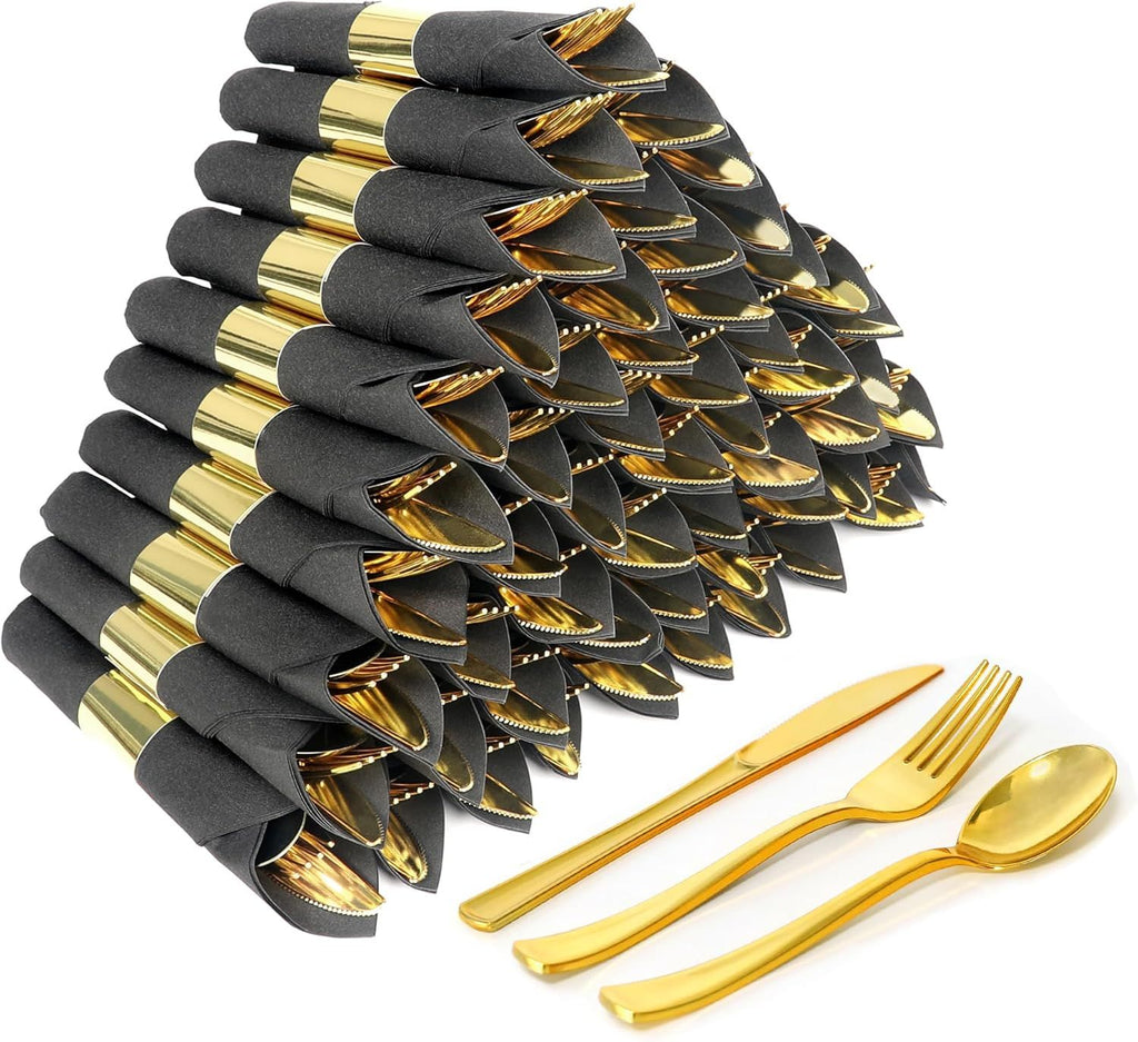 50 Pack Pre Rolled Rose Gold Plastic Silverware Set,Wrapped Plastic Cutlery Set with Napkin Include 50 Forks,50 Spoons,50 Knives and 50 Black Napkins for Party, Wedding