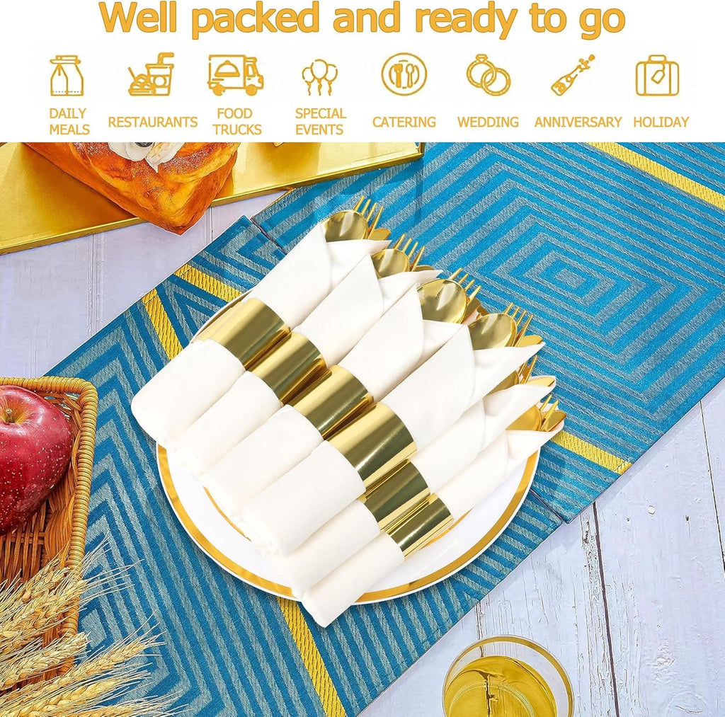 50 Pack Pre Rolled Rose Gold Plastic Silverware Set,Wrapped Plastic Cutlery Set with Napkin Include 50 Forks,50 Spoons,50 Knives and 50 Black Napkins for Party, Wedding