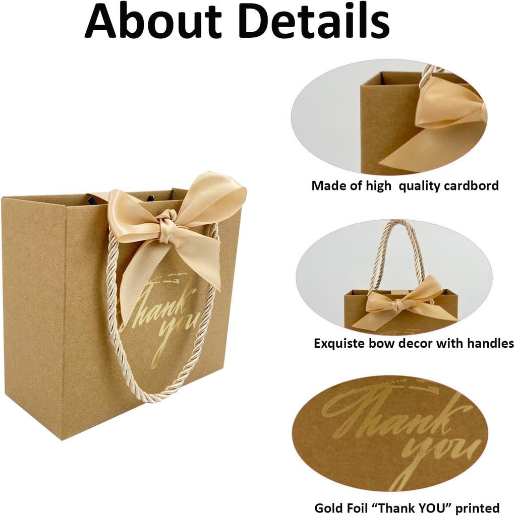 50 Pack Small Thank You Gift Bags with Handles, 5.5''x 2.5''x4.7'' Mini Brown Gift Bags Bulk for Baby Shower, Birthday, Wedding, Party Favors