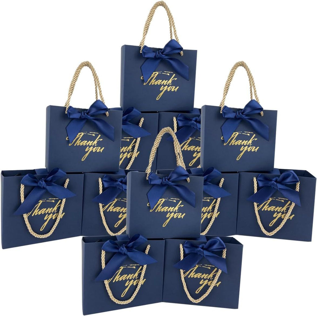 50 Pack Small Thank You Gift Bags with Handles, 5.5''x 2.5''x4.7'' Mini Navy Blue Gift Bags Bulk for Baby Shower, Birthday, Wedding, Party Favors, Back to School, Summer Party