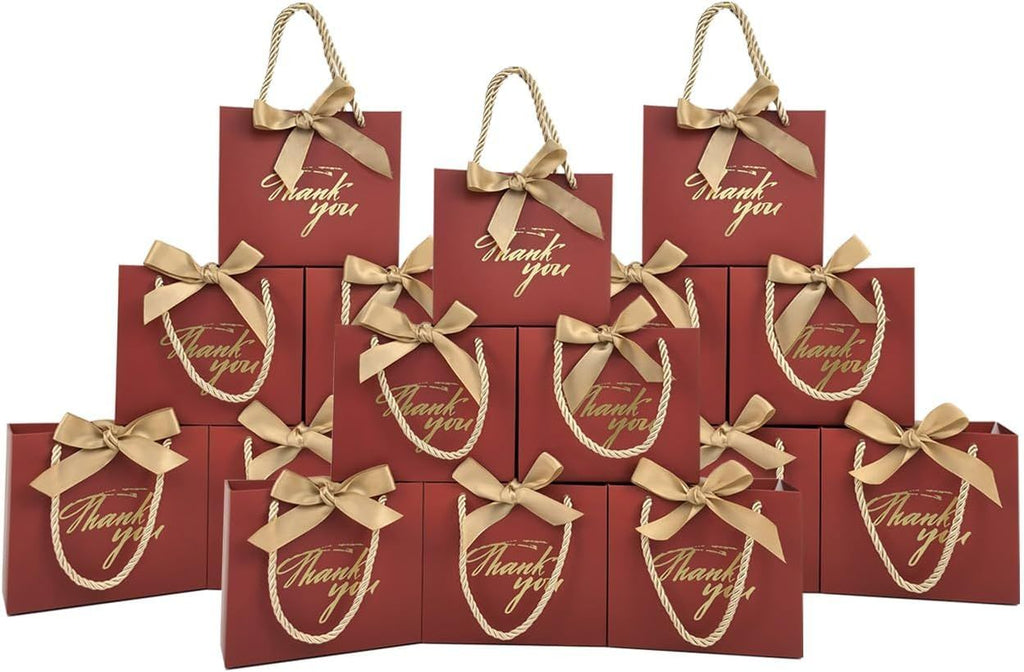 50 Pack Small Thank You Gift Bags with Handles, 5.5''x 2.5''x4.7'' Mini Red Gift Bags Bulk for Baby Shower, Birthday, Wedding, Party Favors