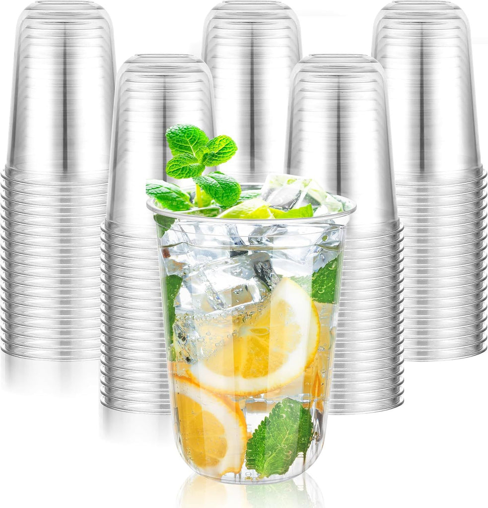 50 Pcs 16oz Clear Plastic Cups Disposable Wine Cups Round Bottom Stemless Disposable Wine Glasses for Cocktails Birthdays Weddings Party Supplies
