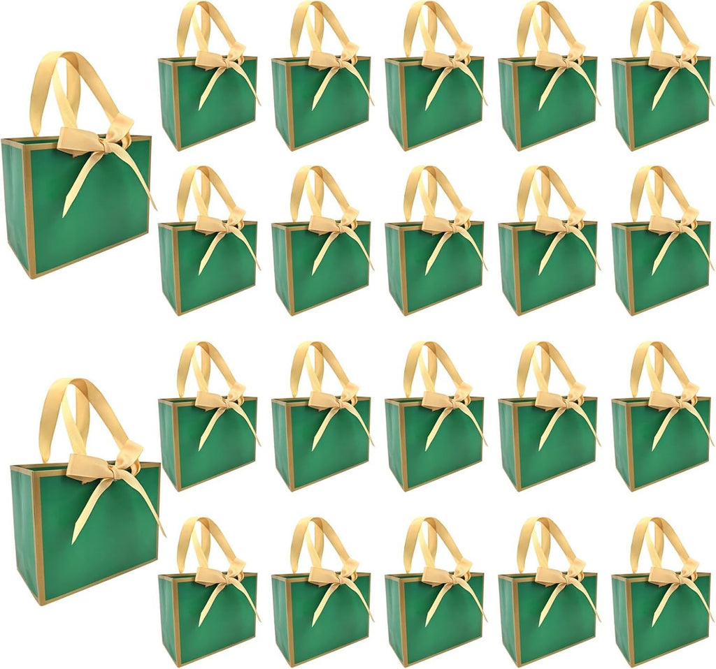 50 PCS Small Green Gold Gift Bags with Bow Ribbon - 6.4x3.1x5.1 Inch Thank You Bags with Handles, Bulk for Baby Shower, Bridal Shower, Wedding, Party Favors, Thanksgiving, Christmas