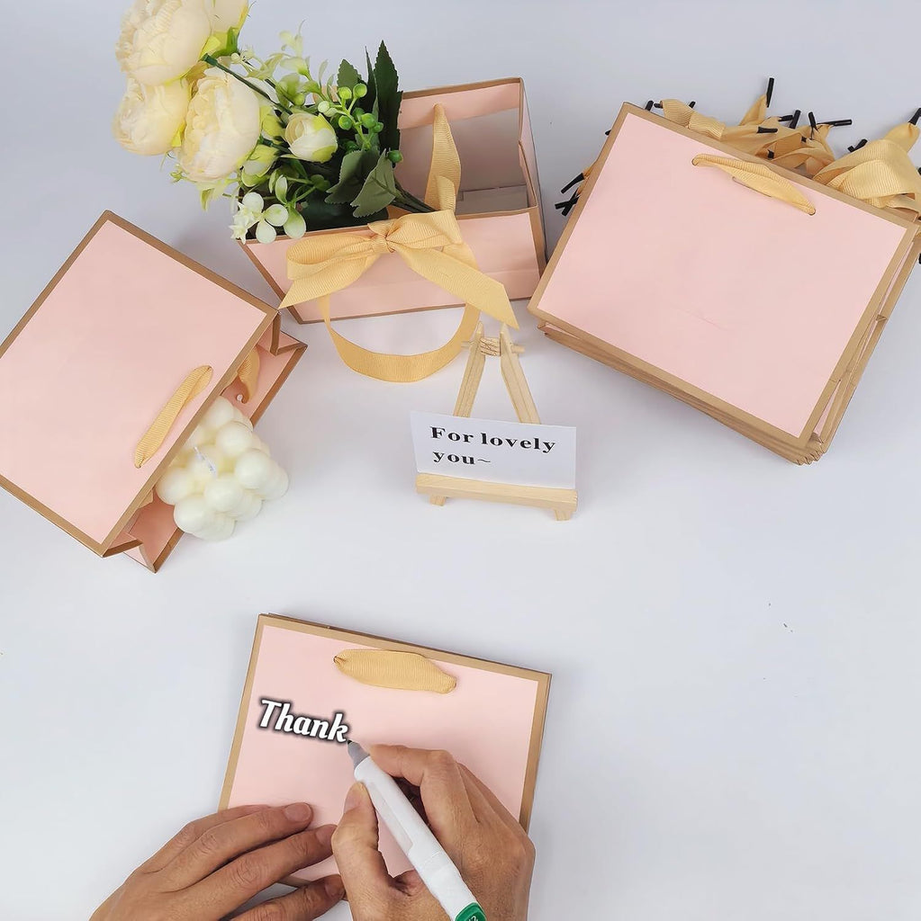 50 PCS Small Pink Gold Gift Bags with Bow Ribbon - 6.4x3.1x5.1 Inch Thank You Bags with Handles, Bulk for Baby Shower, Bridal Shower, Wedding, Party Favors, Thanksgiving, Christmas