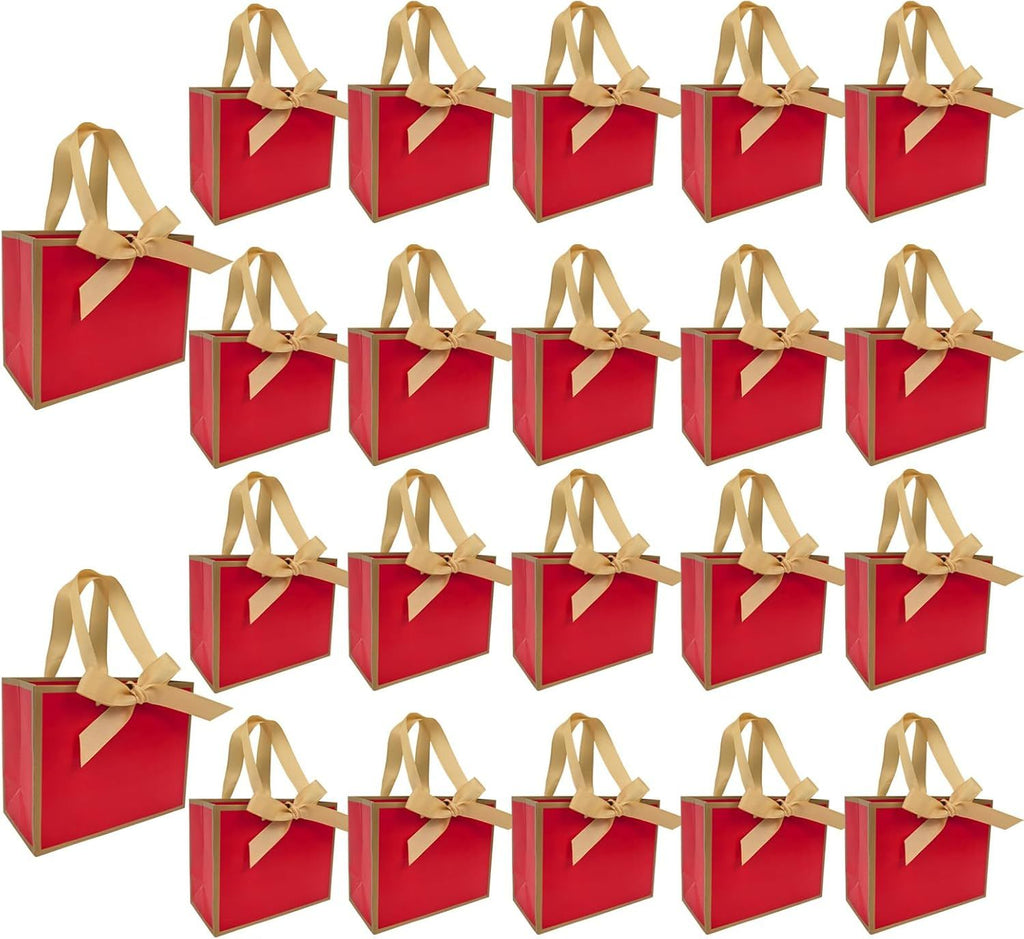 50 PCS Small Red Gold Gift Bags with Bow Ribbon - 6.4x3.1x5.1 Inch Thank You Bags with Handles, Bulk for Baby Shower, Bridal Shower, Wedding, Party Favors, Thanksgiving, Christmas