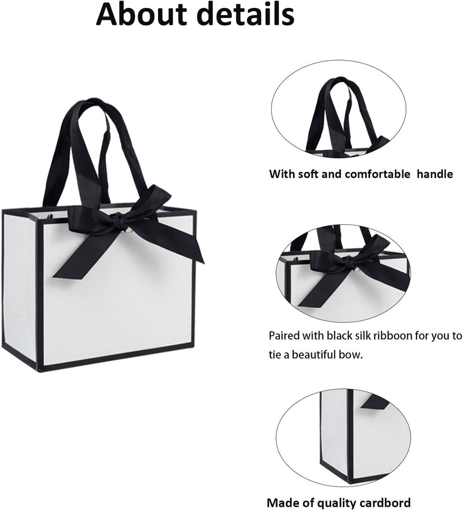 50 PCS Small White Black Gift Bags with Handles, 6.4×3.1×5.1 Inch Thank You Bags with Bow Ribbon for Baby Shower, Bridal Shower, Wedding, Party Favors, Thanksgiving, Christmas